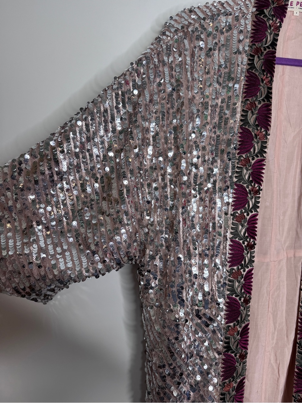 Free People Silver Sequin Light is Coming Duster Kimono Small - Picture 6 of 11